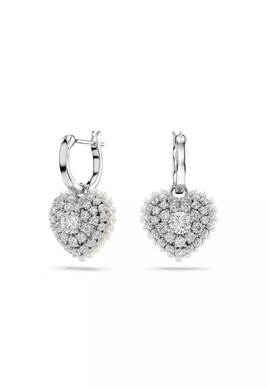 Hyperbola drop earrings, Heart, White, Rhodium plated