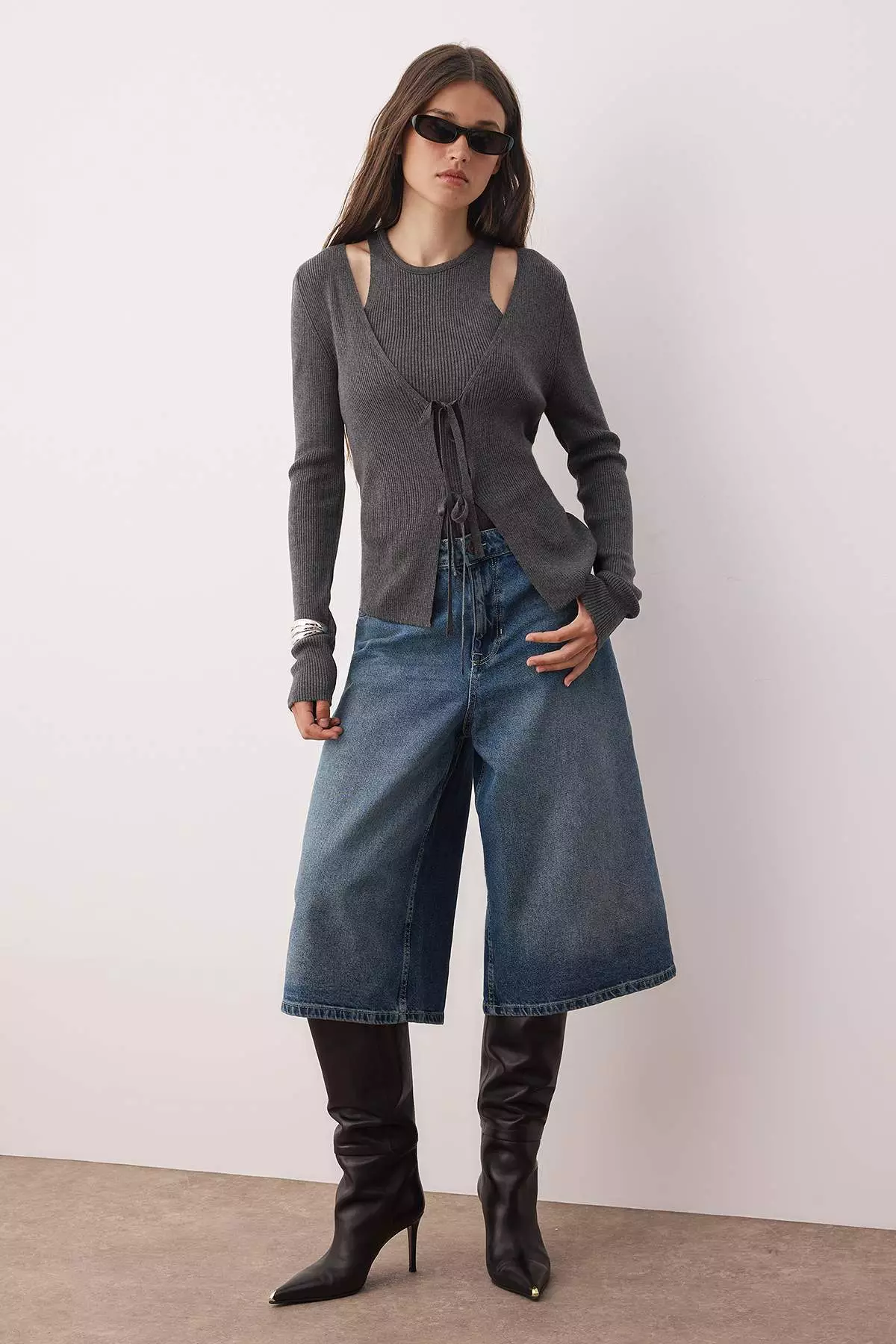 Anthracite V-Neck Mercerized Look Knitwear Cardigan-Blouse Set