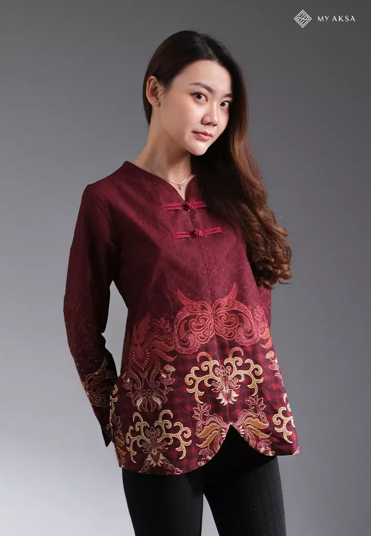 My Aksa Blouse Batik Wanita Lengan Panjang Sakya Maroon