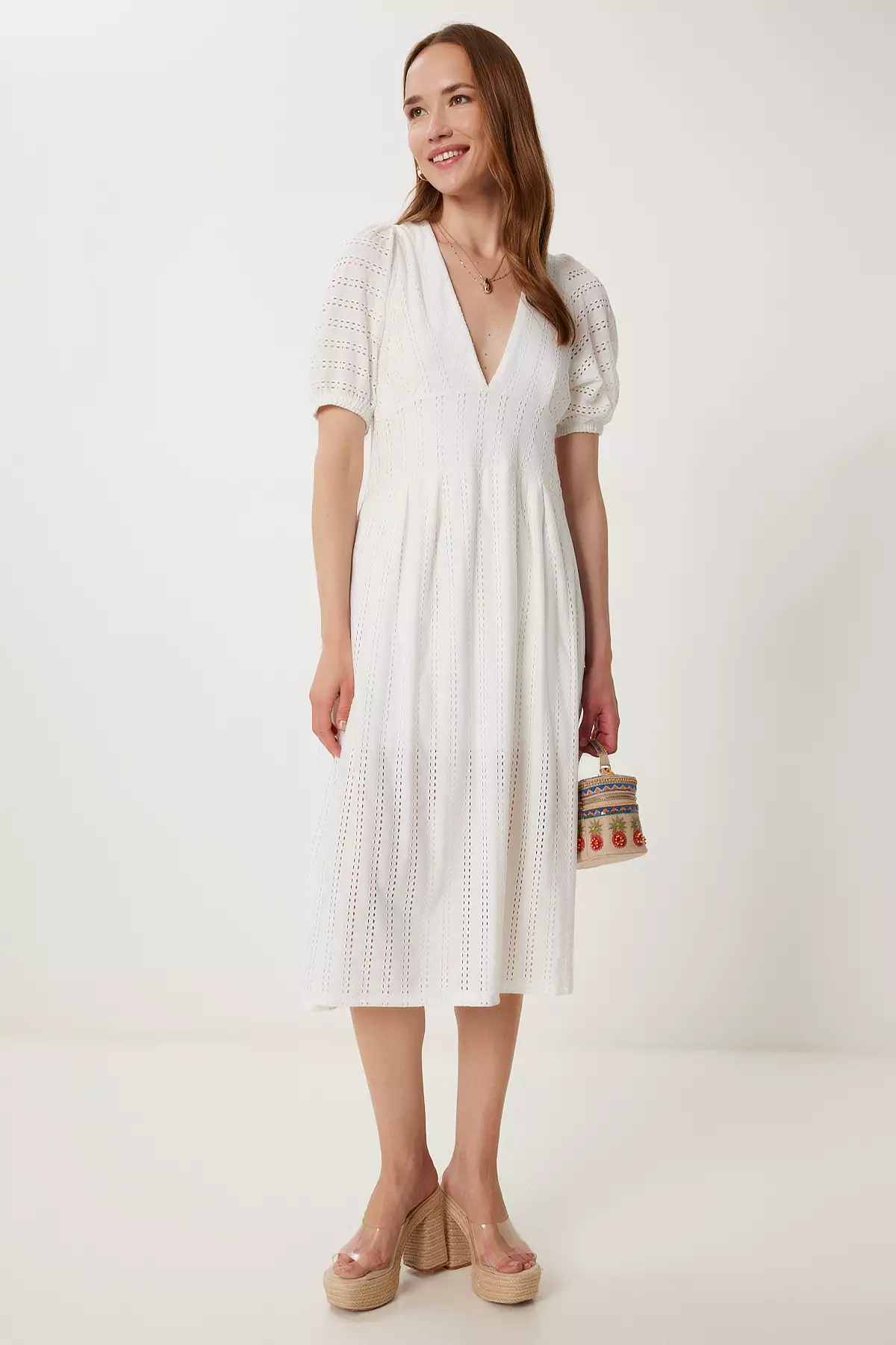 Women's Ecru Openwork Summer Midi Knitted Dress Tp00050