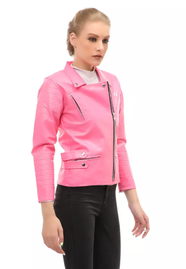 Glenice Jacket Fashion Wanita Windproof & Waterproof Desain Zipper Pocket Material Leather ORIGINAL - Pink