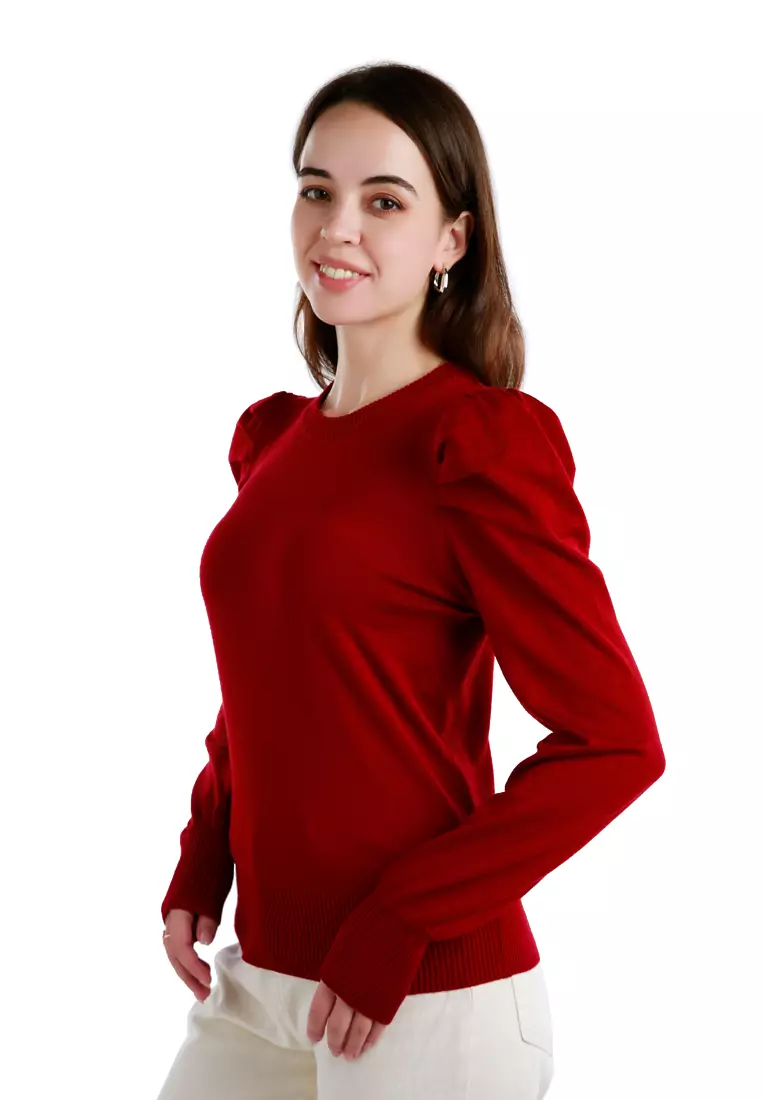 酒紅色泡泡袖毛衣