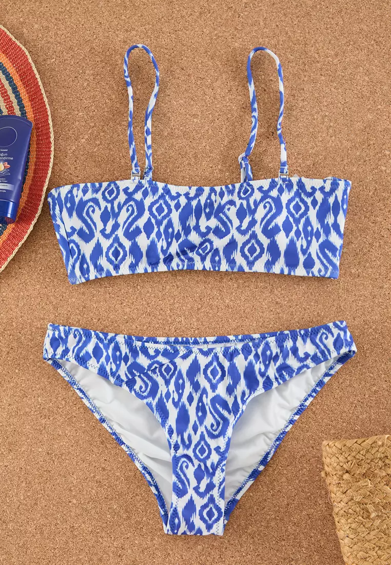 Blue Ethnic Patterned Strapless Bikini Top