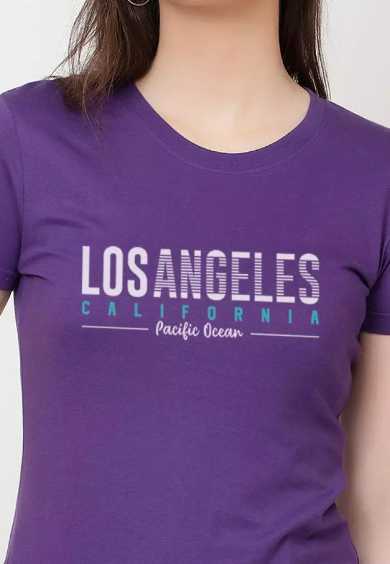 洛杉矶休闲短袖时尚紫色棉质休闲图案印花 T 恤/T 恤