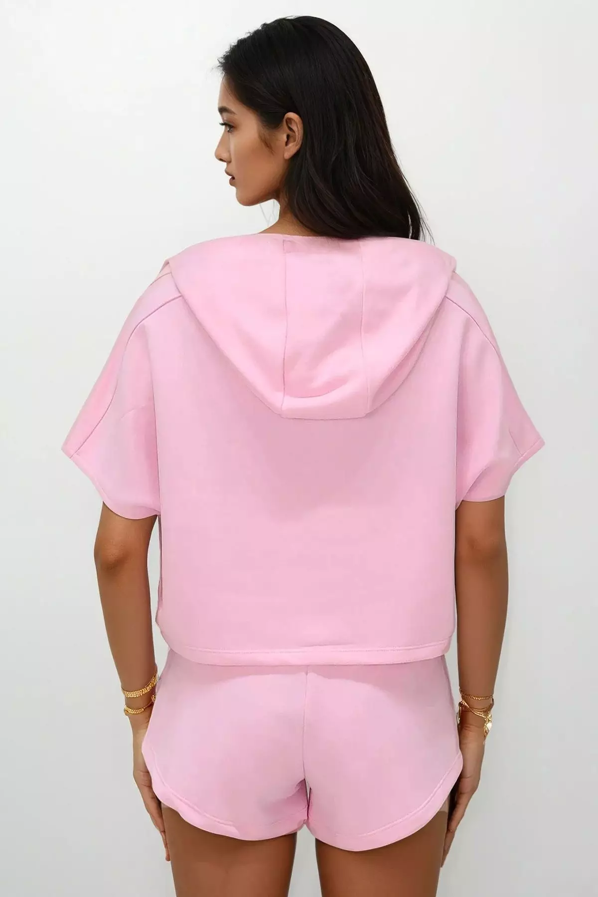 Women's Pink Hooded Crop Sweatshirt And Shorts Set Alc-760-001-Tk