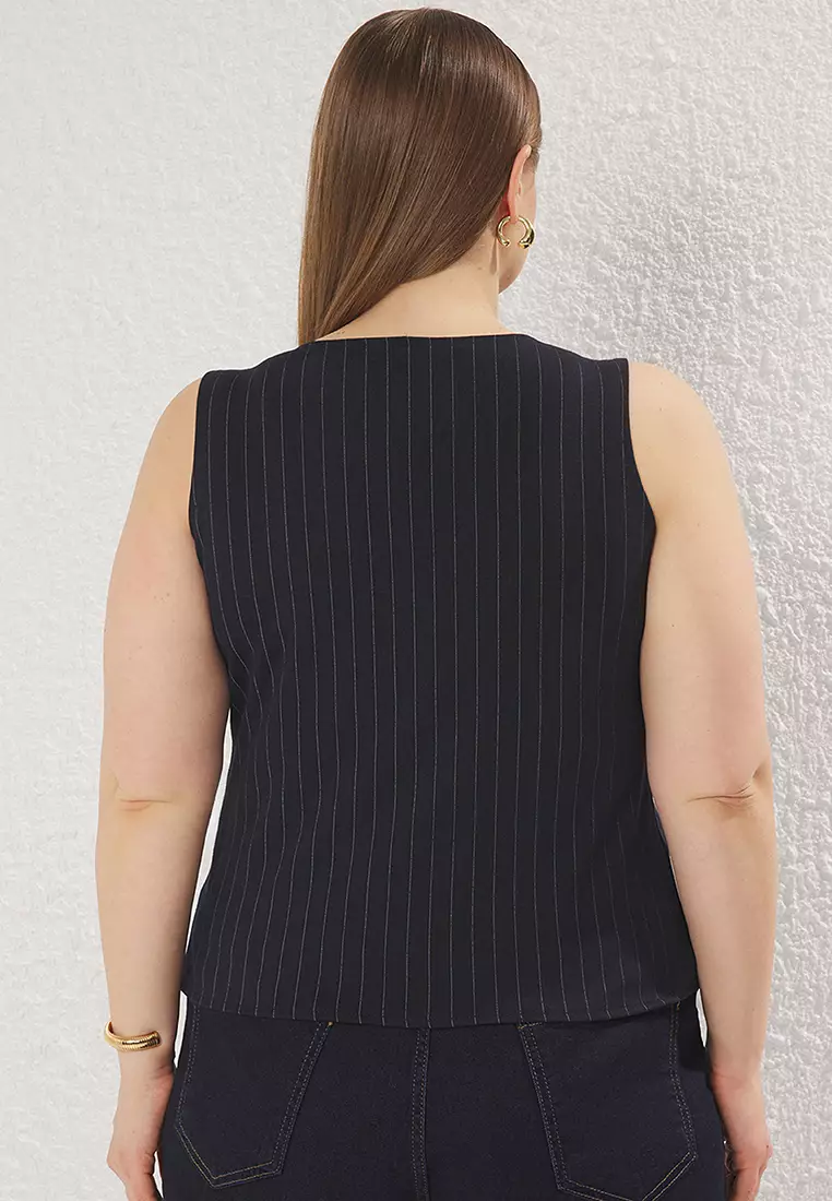 Navy Blue Striped Knitting Plus Size Vest TBBSS25BH00016