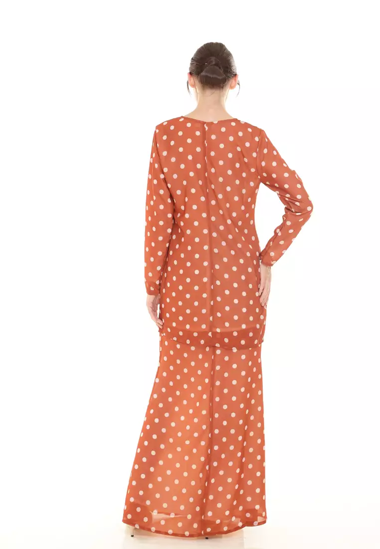 Rina Printed Kurung in Brick Orange Polka Dot