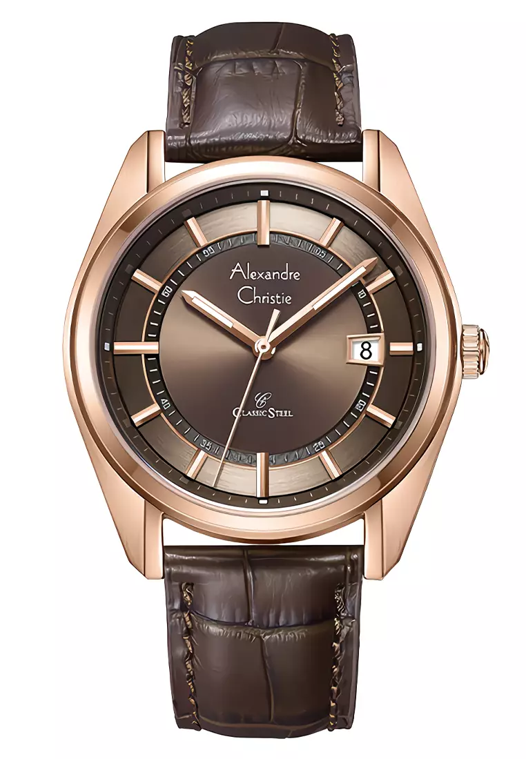 Alexandre Christie Classic Steel - Jam Tangan Analog Pria - Rosegold Case Brown Leather Strap - 8695MDLRGBO