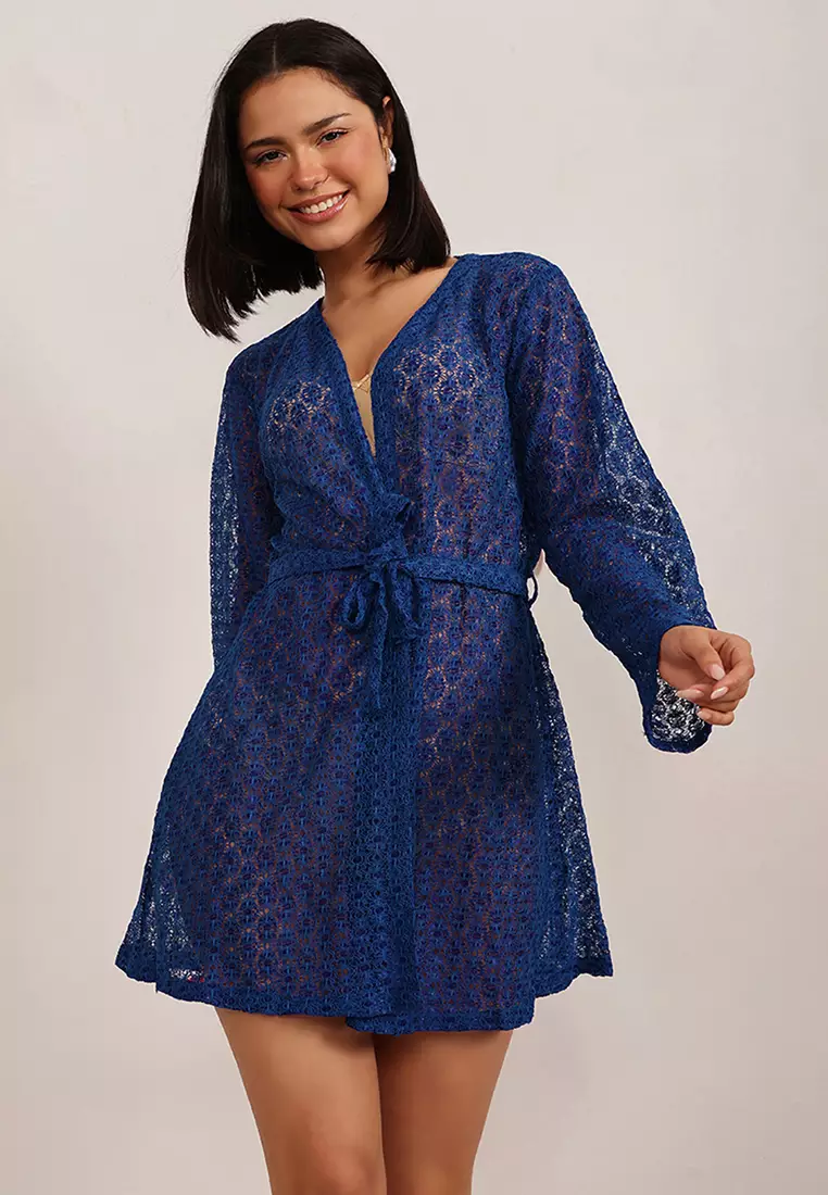 Clovia Chic Basic Sheer Robe in Royal Blue - Lace
