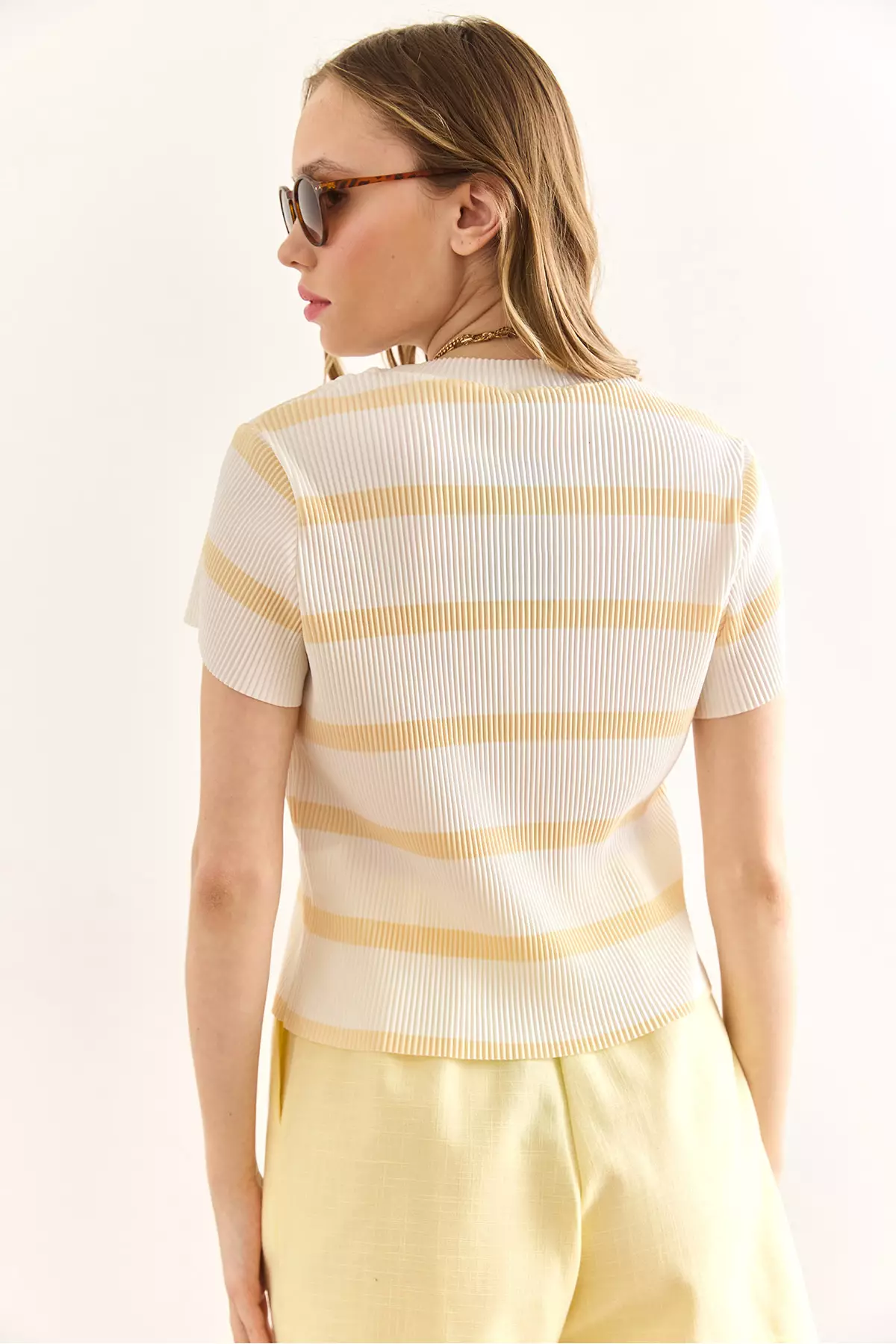 Women's Ecru Yellow Crew Neck Striped Pleated Blouse Blz-19002893