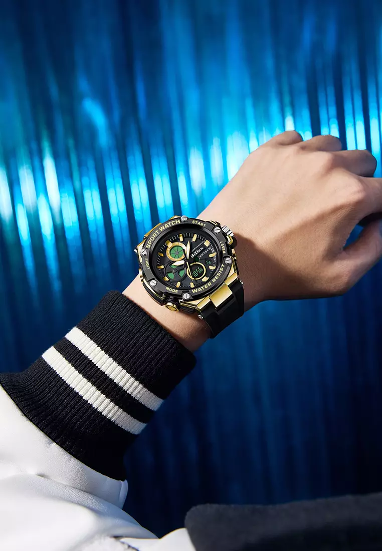 Jam Tangan Pria Original Digital&Analog Bercahaya  Anti Air Alarm Tali Silikon Jam Tangan Cowok Olahraga gold