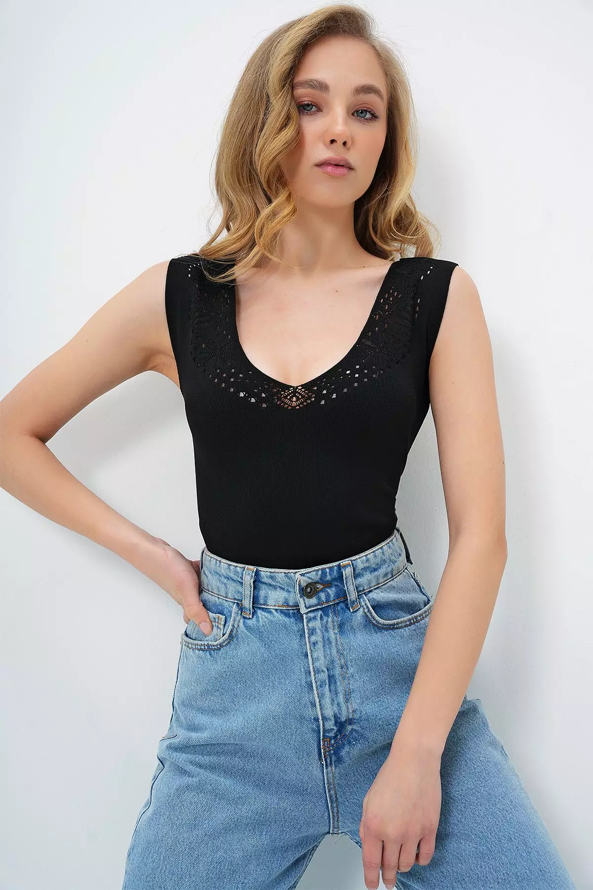 Women's Black Front Back V-Neck Openwork Summer Knitwear Blouse