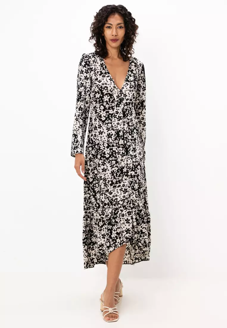 midi wrap dress formal Tory Paisley Mindie Wrap Midi Dress BURG-MULTI / L by Sugarlips