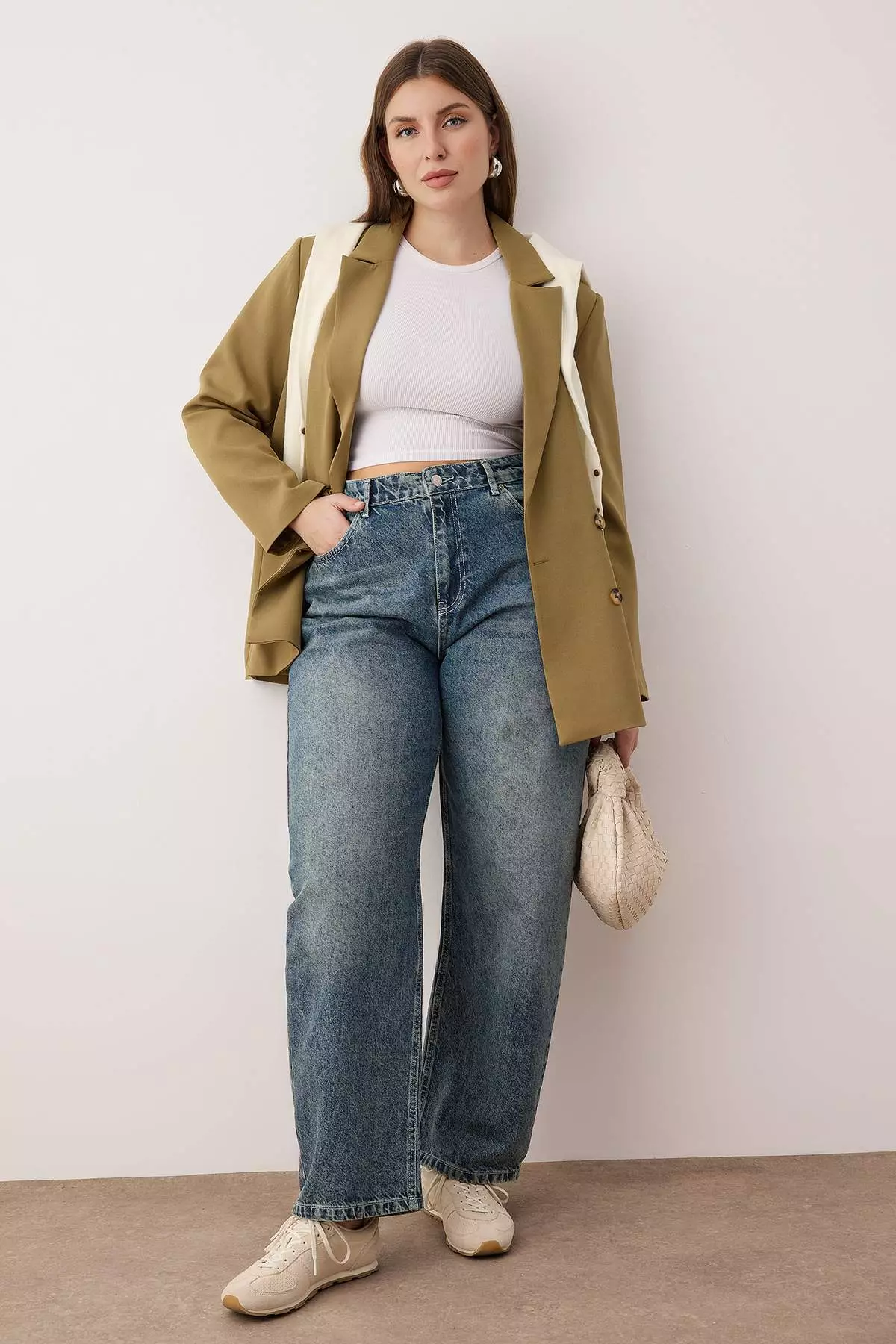 Blue High Waist Barrel Baggy 100% Cotton Non-Stretch Plus Size Jeans Tbbaw26Cj00043