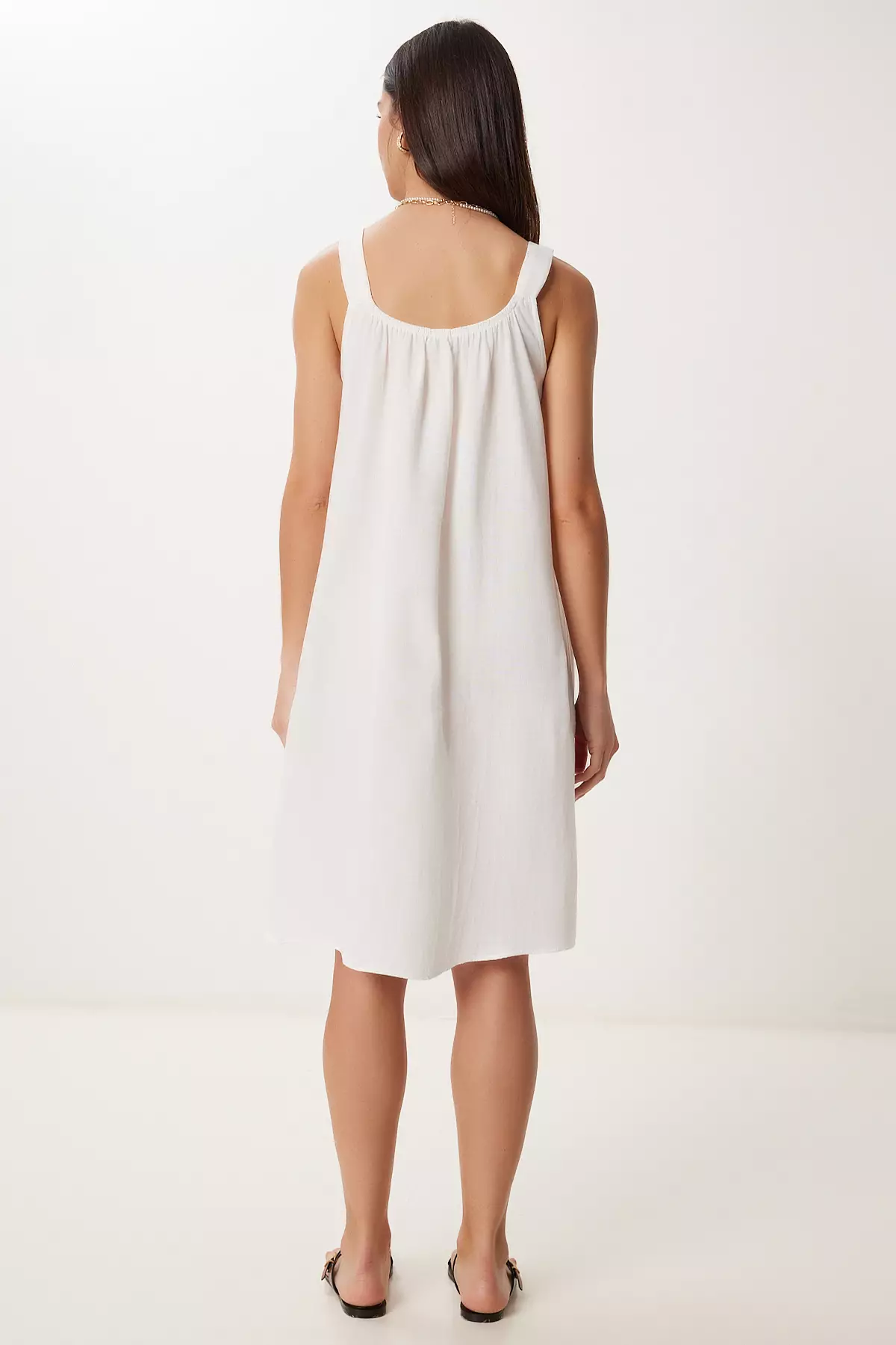 Women's Ecru Linen Blended Light See-Through Beach Dress Gx00009