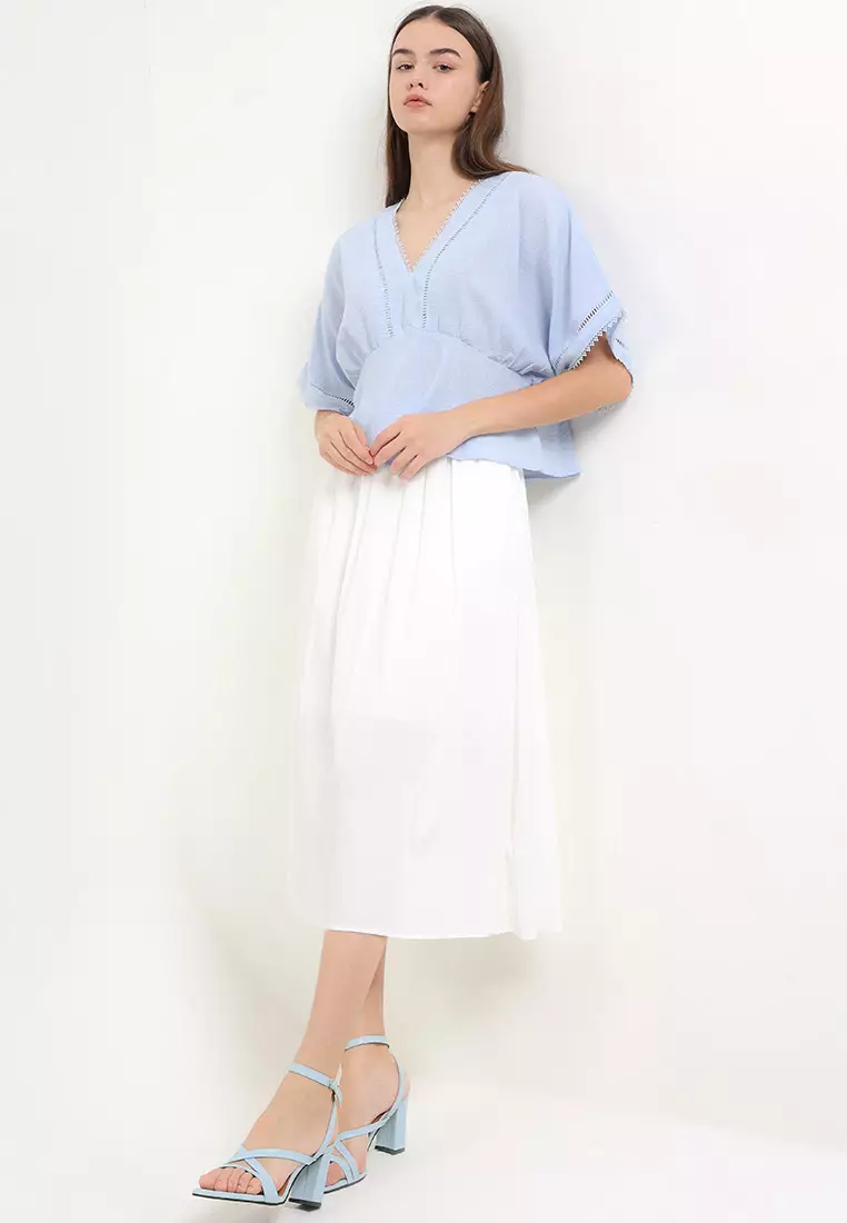 Lace Trimmed V Neck Dolman Sleeves Empire Blouse