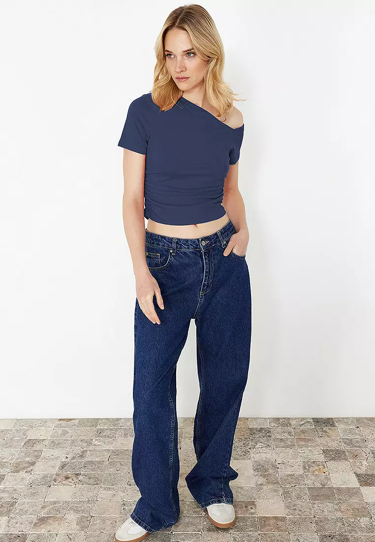 Indigo Gathered Asymmetrical Neckline Stretchy Knitted Blouse