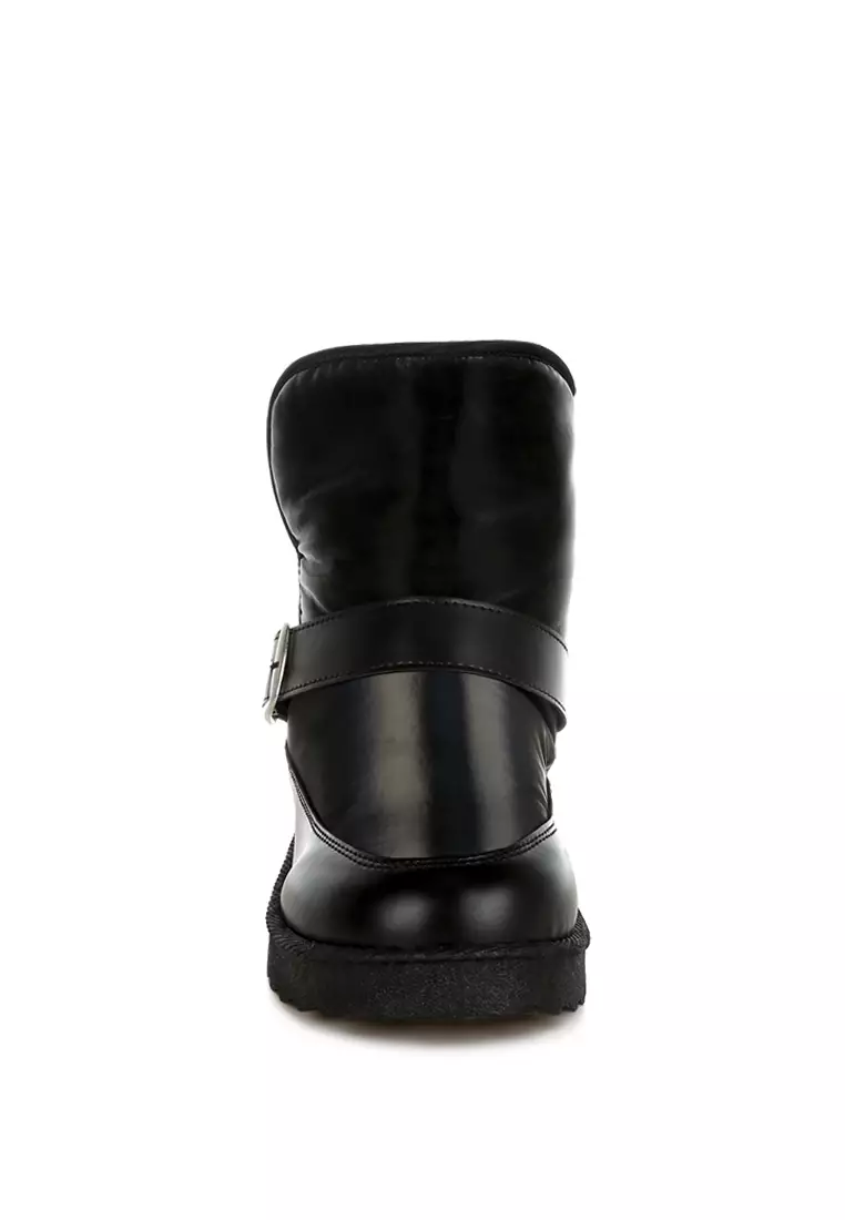 Buckle Strap Puffy Ankle Boots in Black