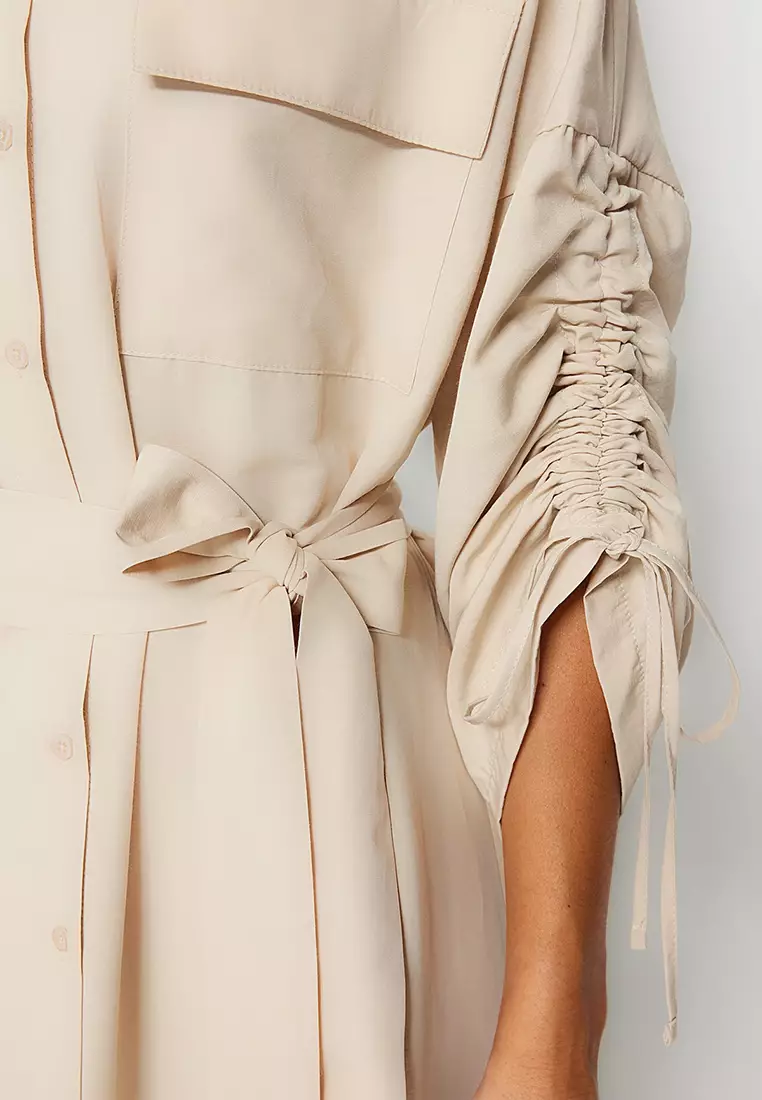 Buy Trendyol Beige Knitted Cotton Shirt Dress With Adjustable