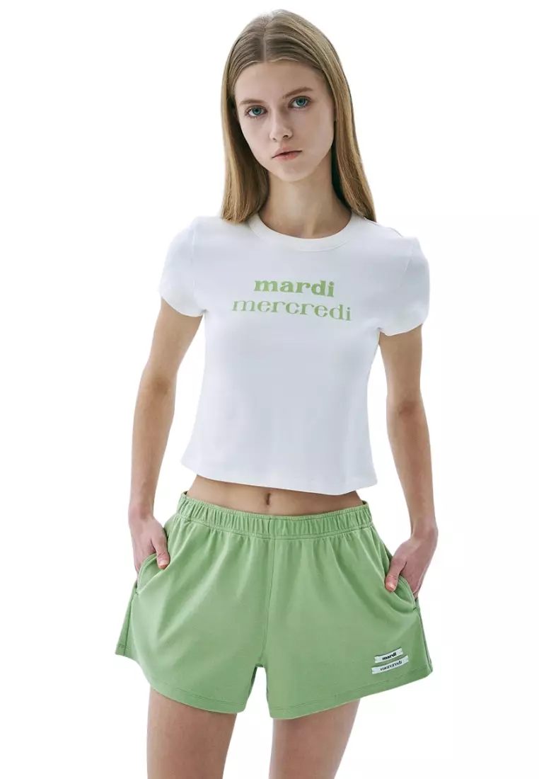 Cropped Fitted Tshirt Double Logo - Ivory Yellow Green