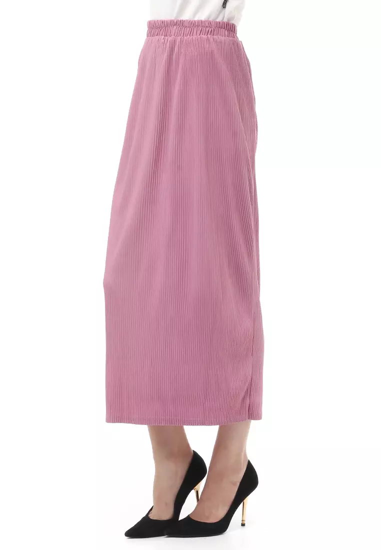 Rok Span Bawahan Wanita Motif Salur Skirt Rubbery Waist Casual - Dusty Pink