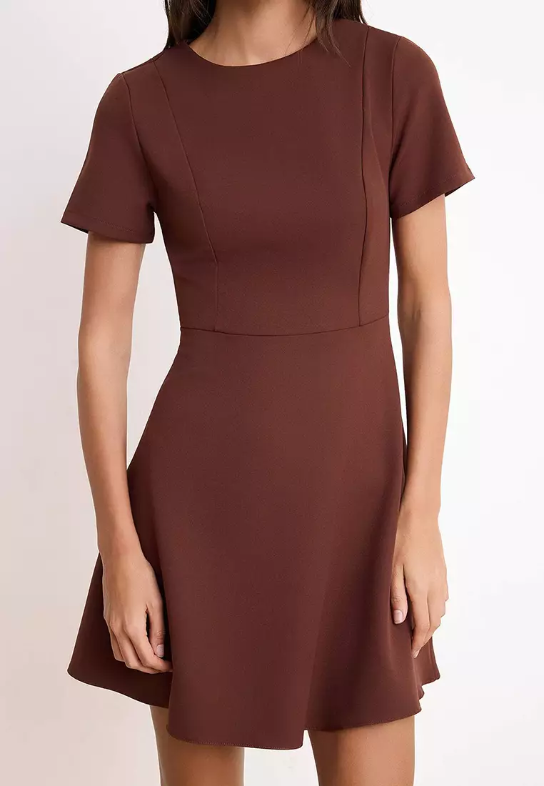 Brown Skirt Flared From The Waist Short Sleeve Mini Stretchy Woven Dress Twoss26El37
