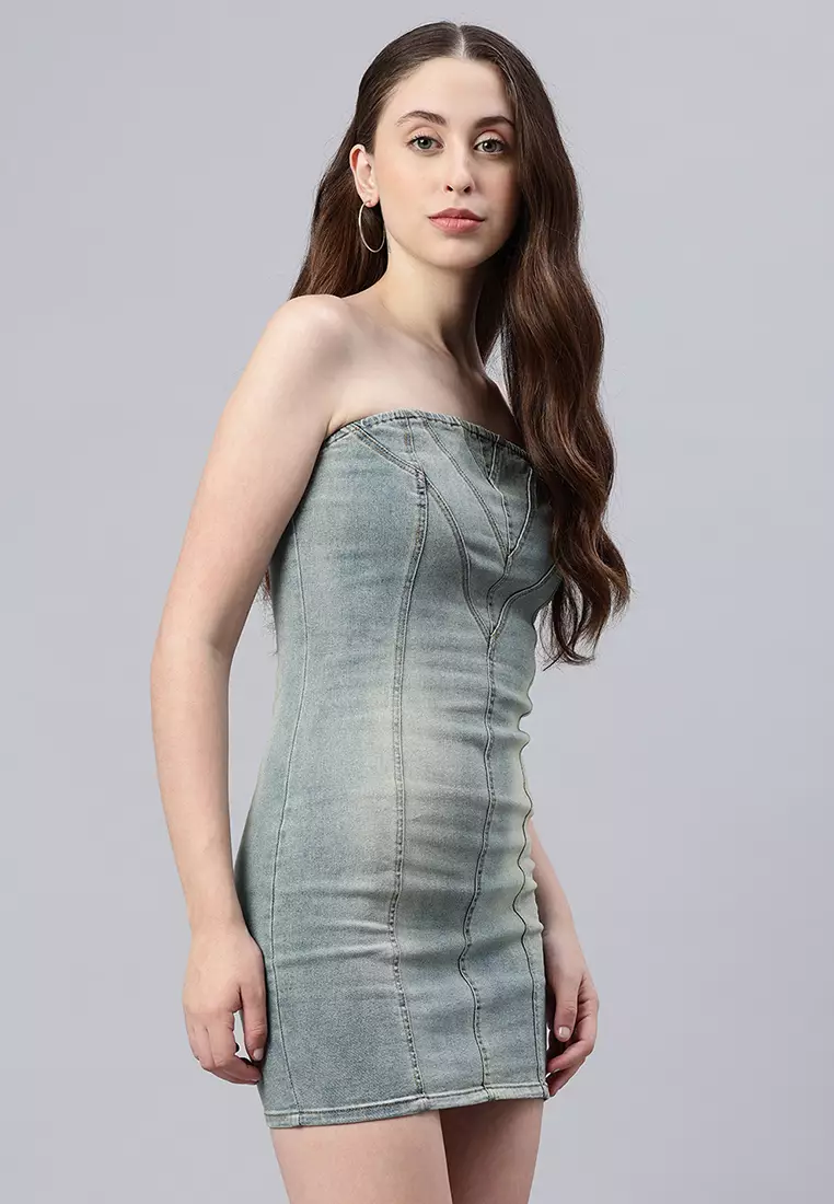 無肩帶牛仔迷你連身裙