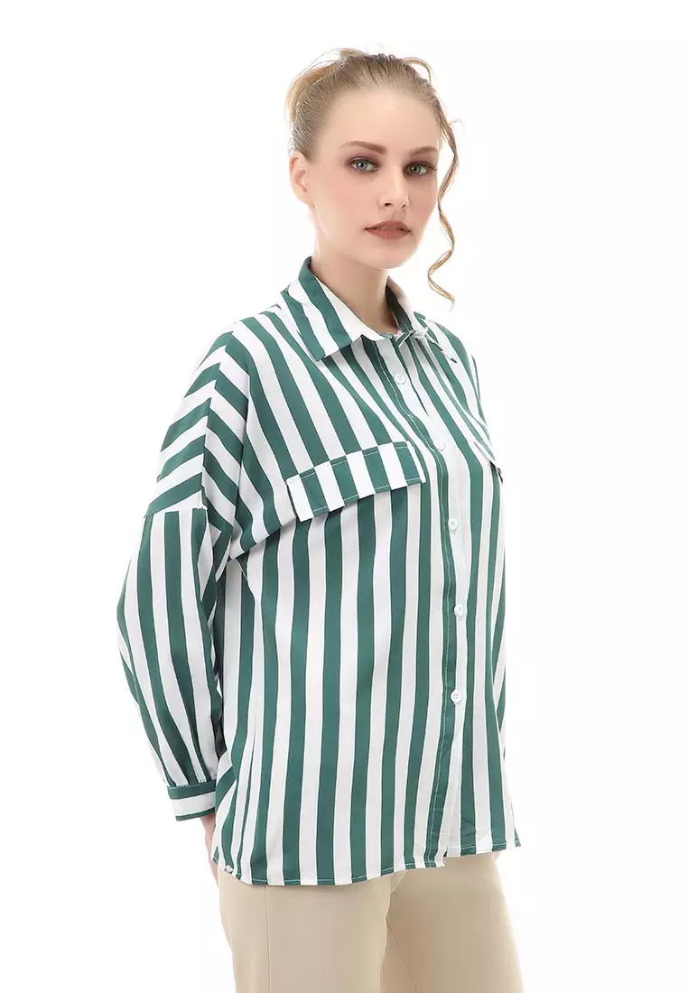 Holly Atasan Kasual Wanita Kemeja Lengan Panjang Striped Motive Material Twiscone ORIGINAL - Green