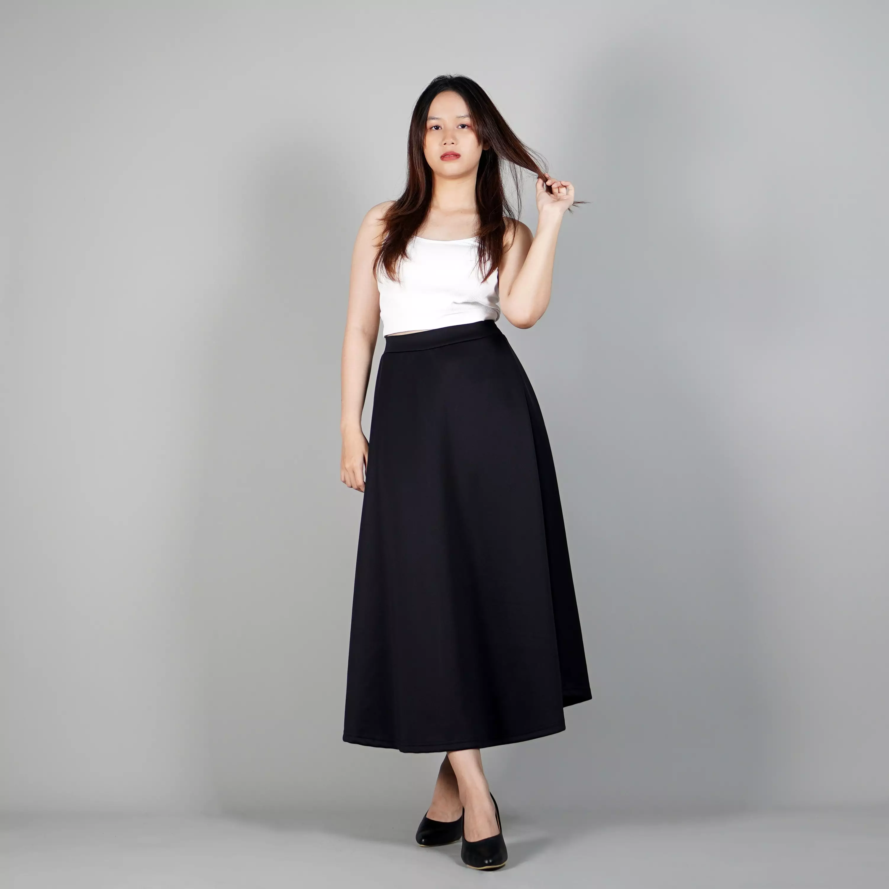 RACHEL Maxi Skirt Rok Maxi Rok Panjang Gaya Korea Flowy Skirt Korean Style - HITAM