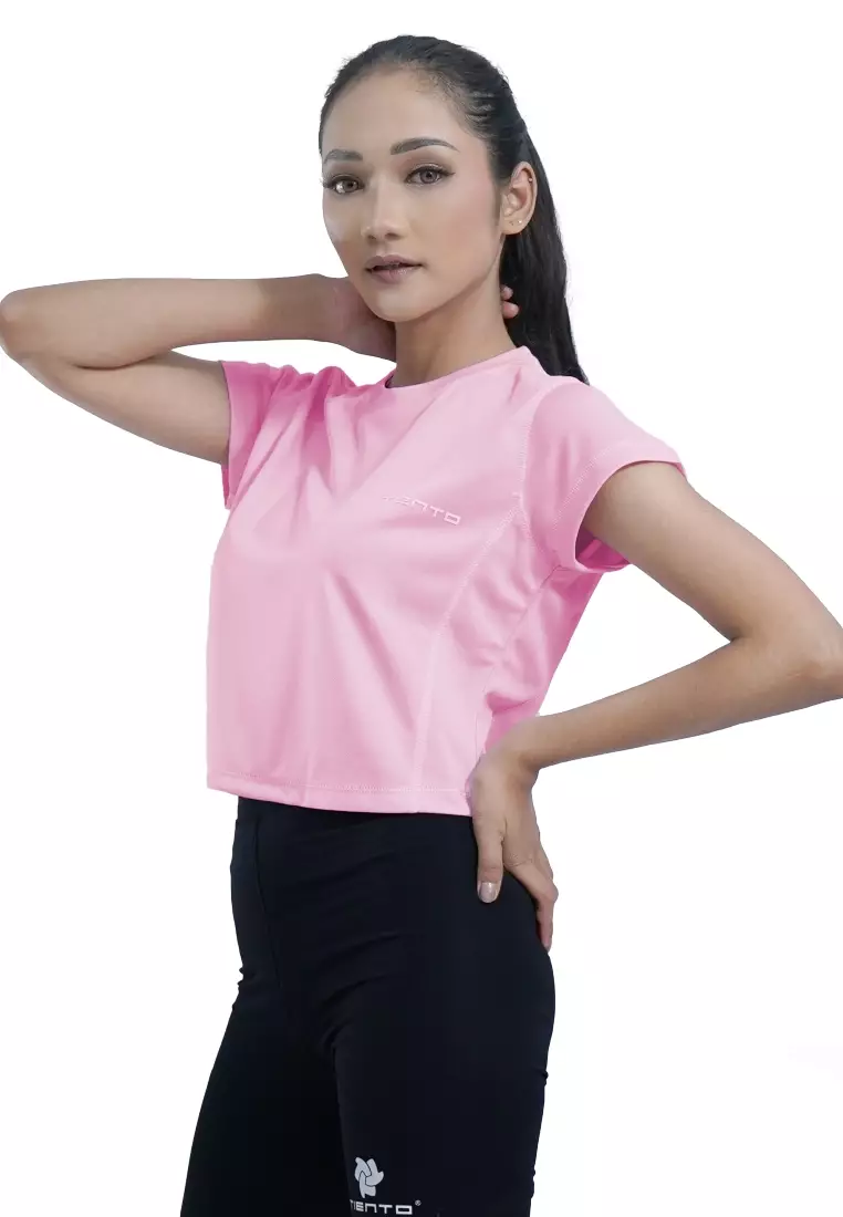 Tiento Baju Olahraga Wanita Crop Top Shirt Kaos Lengan Pendek Running Gym Lari Yoga Pound Fit