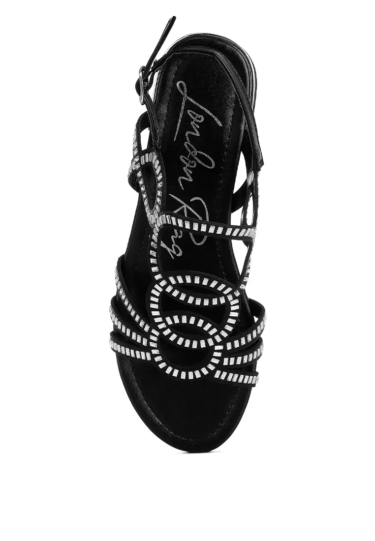 Sandal Datar Berlian Imitasi Detail Potongan Warna Hitam