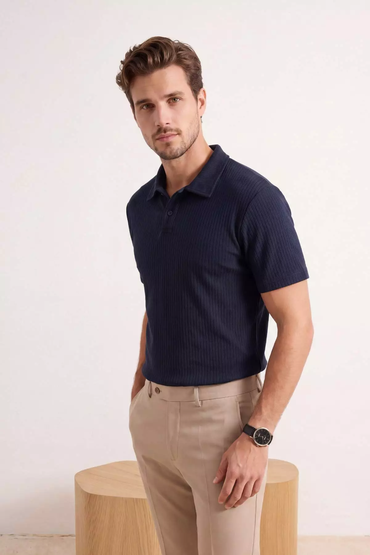 Buy Trendyol Navy Blue Regular/Normal Cut Textured Polo Neck T-Shirt ...