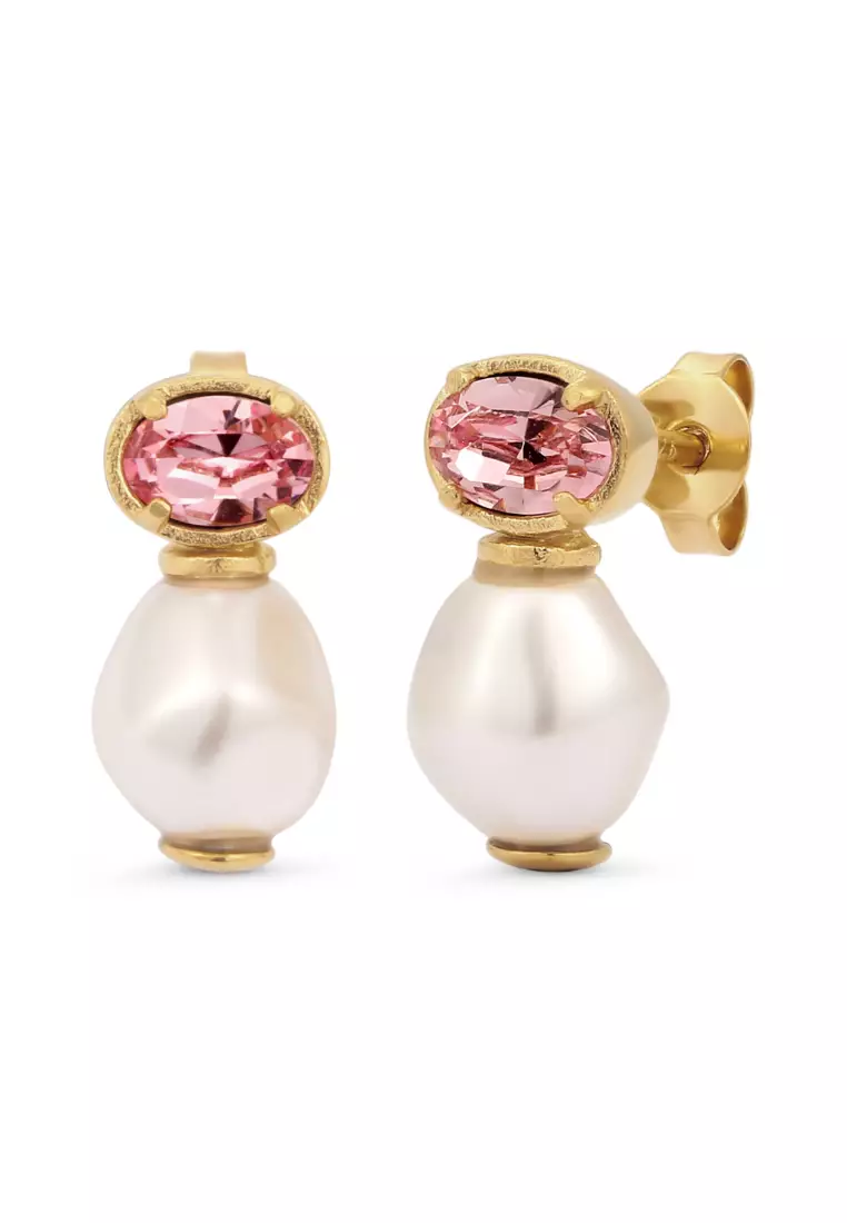 Earrings Stud Pearl Gold Plated Embellished With Crystal By Swarovski®