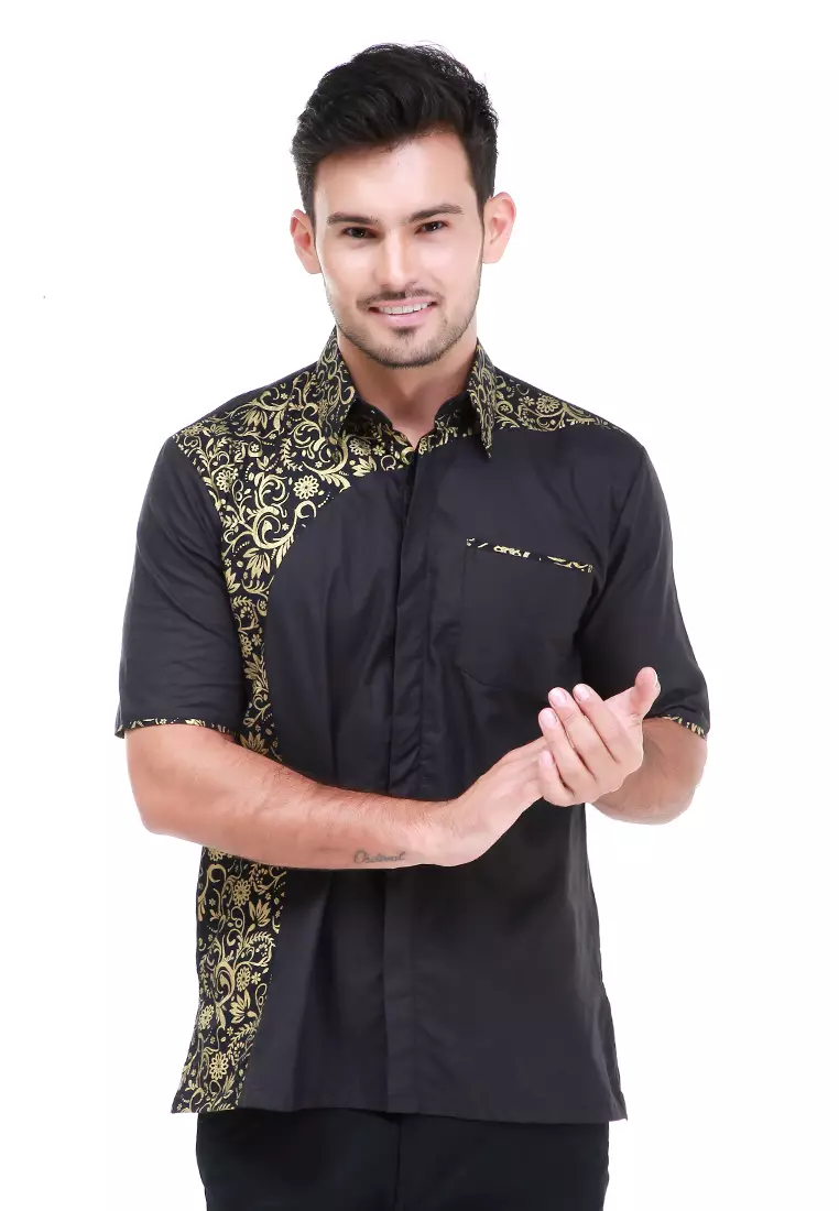 Dwan Kemeja Batik Pria Right Side Atasan Formal Shortsleeve Shirt Material Cotton ORIGINAL - Black