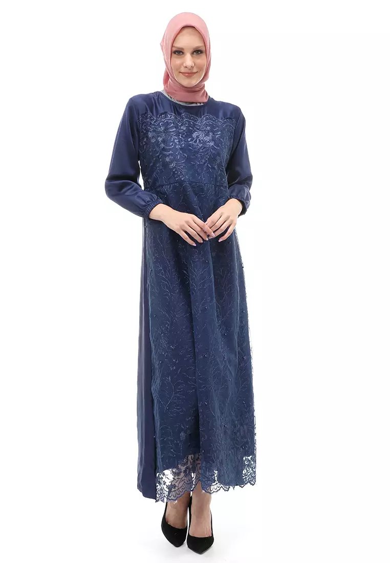Monita Gamis Brokat Tile Wanita Muslimah Regular Fit - Navy