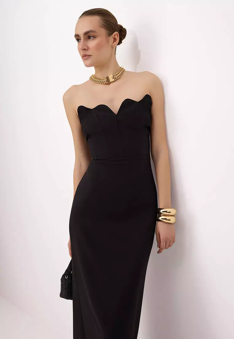 Black Plain Woven Finike Maxi Evening Dress & Homecoming Dress