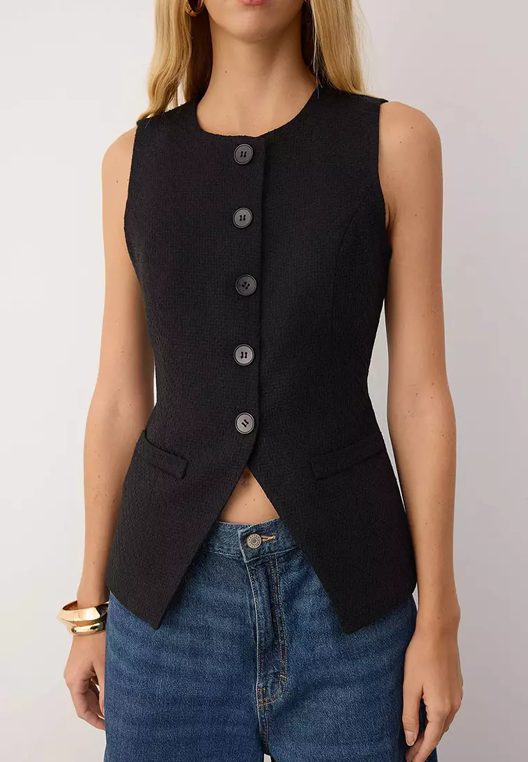 Black Fitted/Waist-Sit Woven Tweed Vest