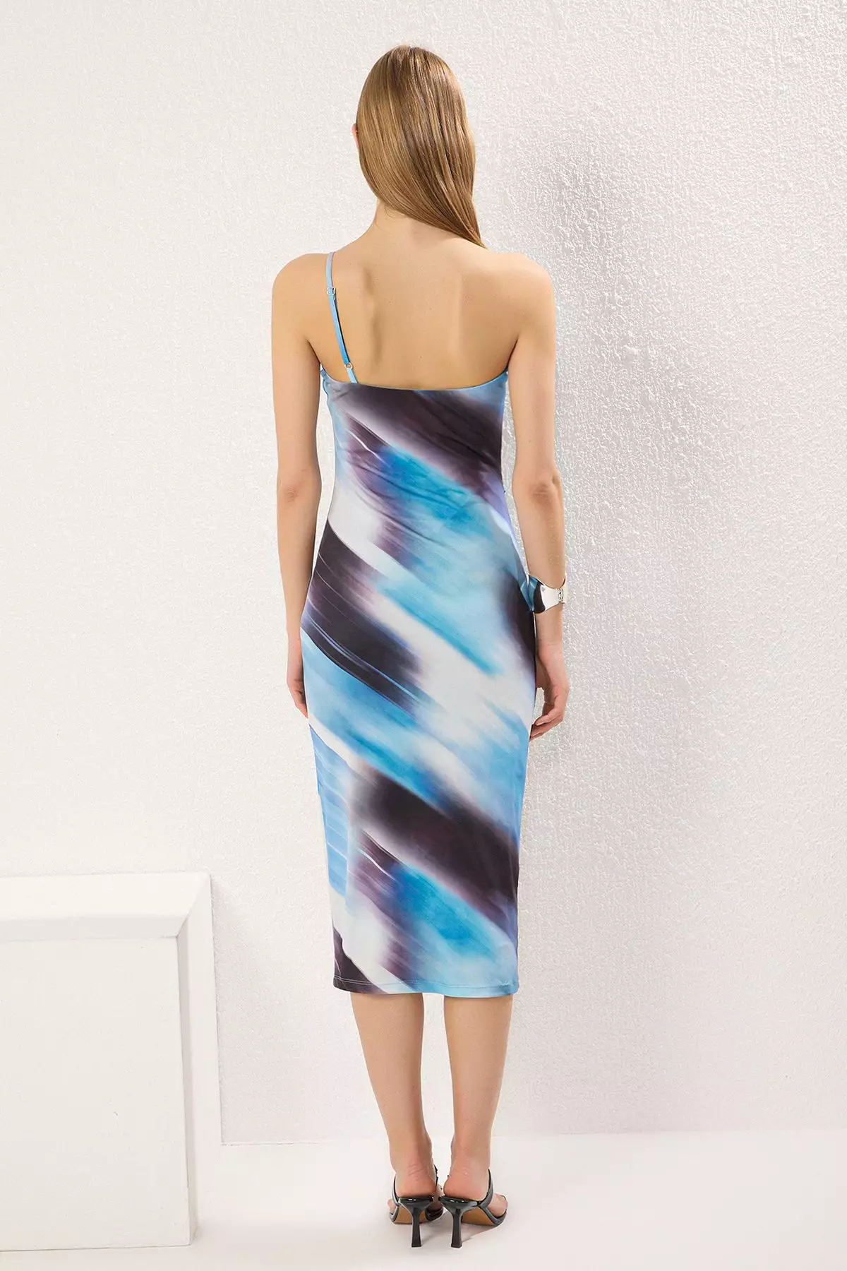 Blue Printed Bodycon Midi One Shoulder Adjustable Strap Knitted Pencil Dress Twoss23El01577