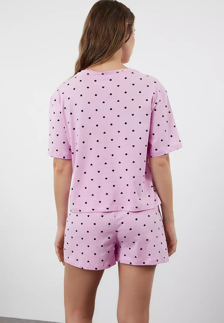 Pink Heart Patterned Shorts Knitted Pajama Set
