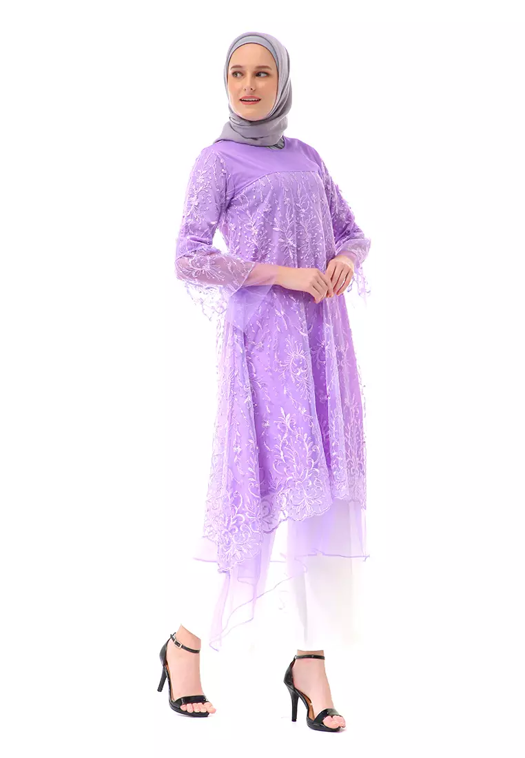 Laika Dress Muslimah Brukat Long Sleeve High Quality Premium Wanita - Lilac