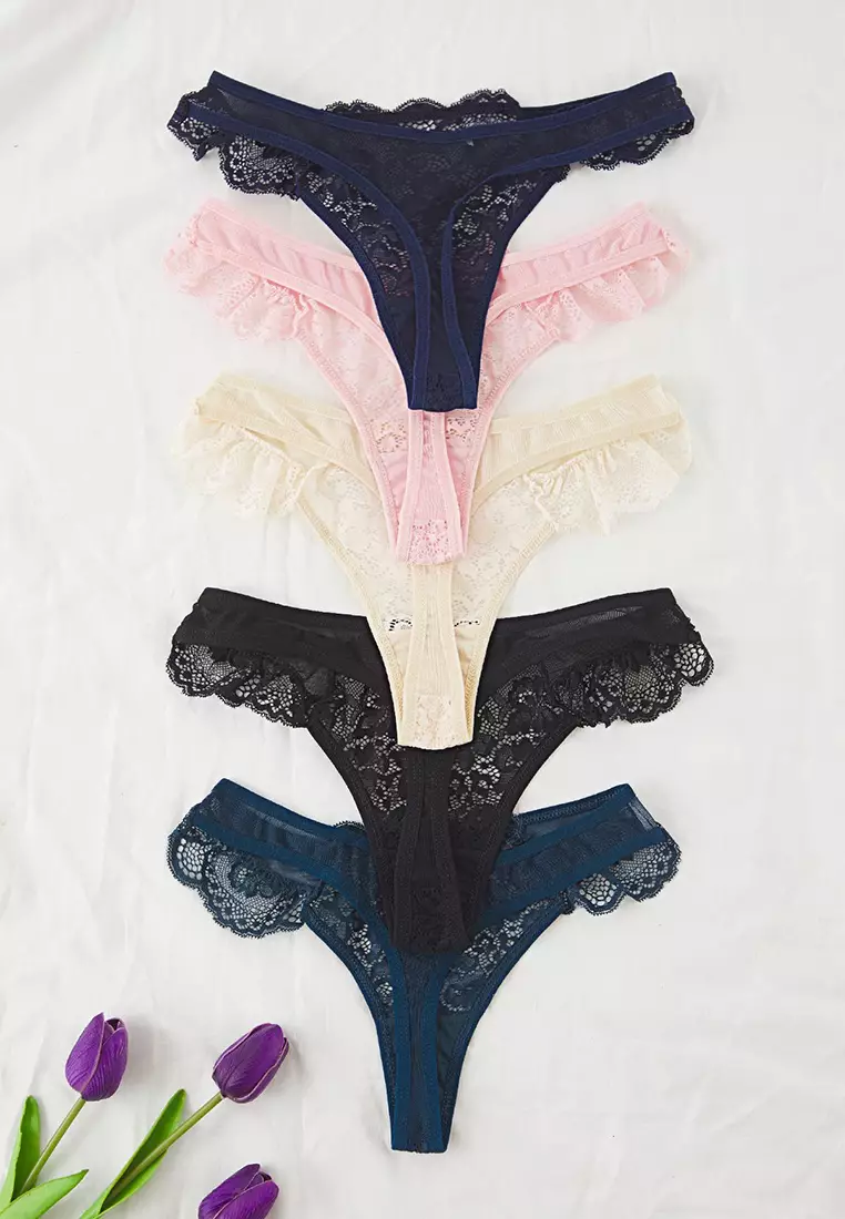 Blue-Multicolored 5-Pack Tulle Lace Detailed Thong Knitted Panties THMSS25KU00037