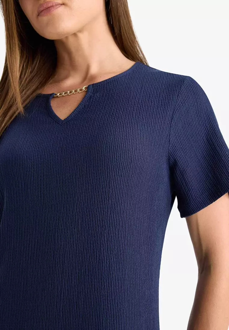 Regular Fit Apaş Collar Basic Plain Wrinkle Short Sleeve Midi Summer Dress D3834Ax25Sm