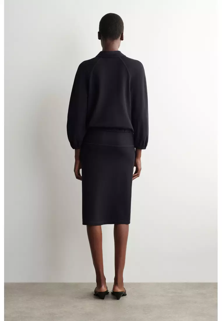 DRAWSTRING JERSEY STRAIGHT MIDI SKIRT