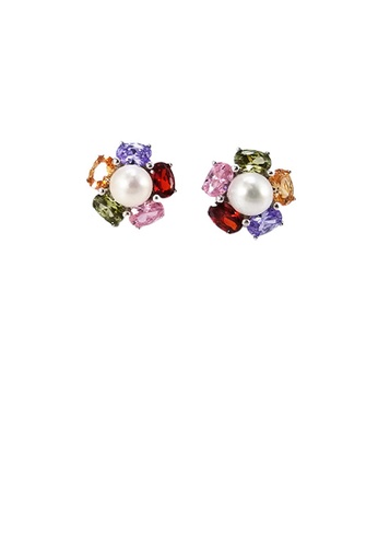 Glamorousky multi 925 Sterling Silver Fashion and Elegant Colored Flowers White Freshwater Pearl Stud Earrings with Cubic Zirconia B2642AC7666BB4GS_1