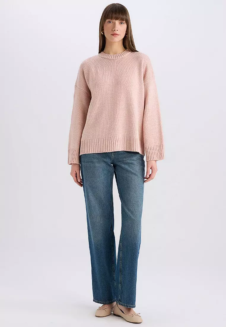 Oversize Wide Pattern Crew Neck Basic Plain Knitwear Sweater