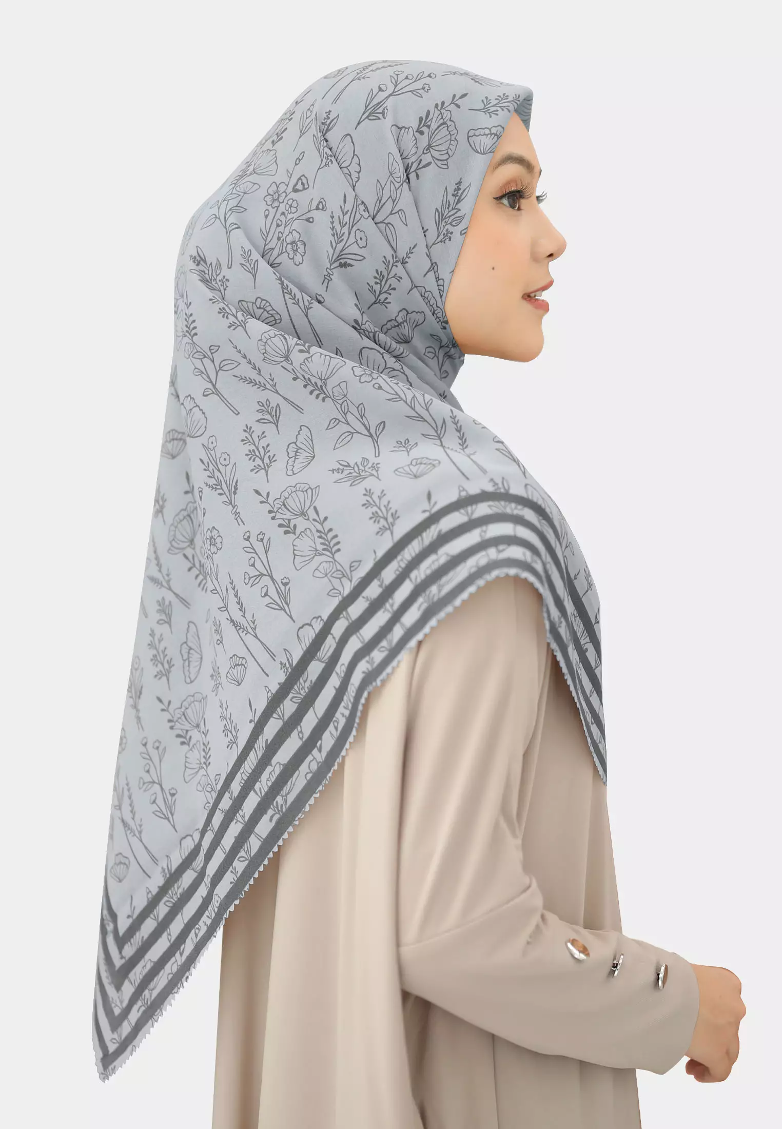Cotton Bee - Rania Printed Scarf | Hijab Segiempat Motif 130x130 - Grey