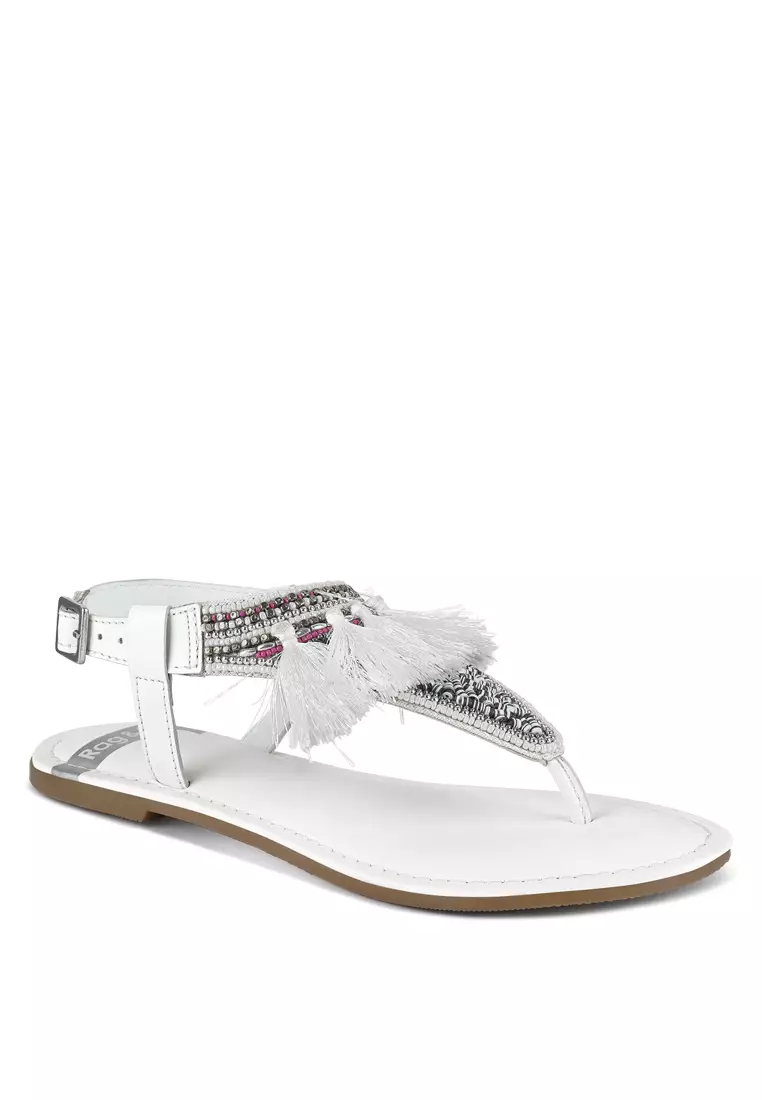 Genuine Leather Tassel Sandals in White