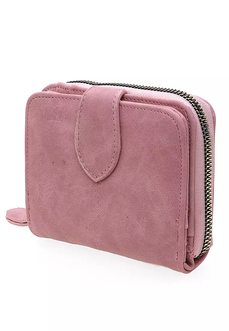 Dompet Lipat Mini Wanita Motif Polos Compartment Cute - Softpink