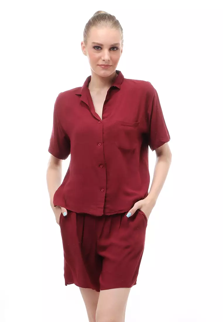 Avalee Setelan Wanita Simple Atasan Bawahan Motif Plain Relaxed Fit - Maroon