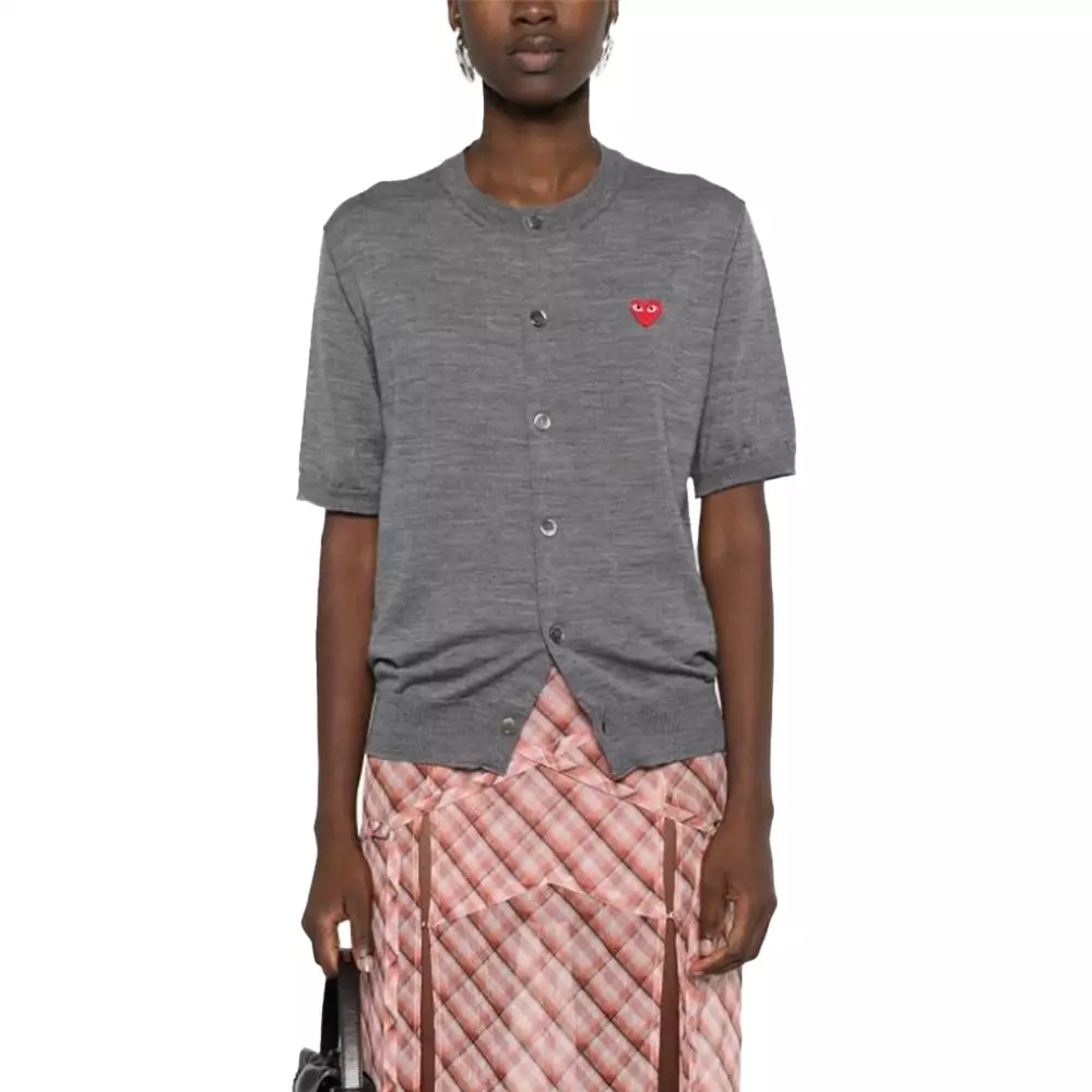 Play Red Heart Logo Short Wool Cardigan Grey